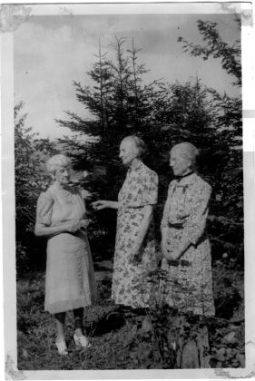Three living charter members of Womans' Club, taken at Mrs. Burbank's cottage (Joe's Pond), 1940: Mrs. Jennie Rogers, Mrs. Burbank, Mrs. Wells.