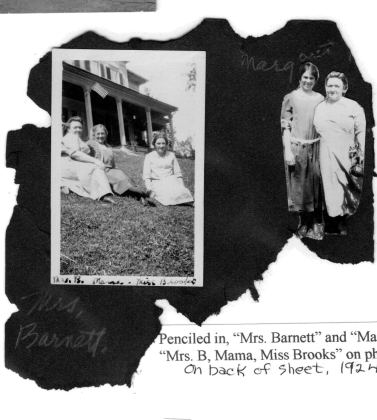 Penciled in, "Mrs. Barnett" and "Margaret." "Mrs. B, Mama, Miss Brooks" on photograph. On back of sheet, 1924.