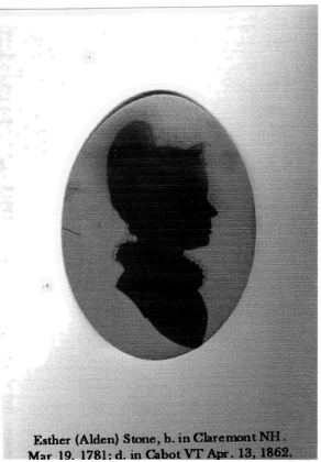 Esther (Alden) Stone, b. in Claremont NH, Mar. 19, 1781; d. in Cabot VT Apr. 13, 1862.