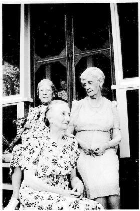 Jennie Rogers, May Burbank, Gertrude Wells. Probably at a meeting of the Judith Lyford Woman's Club, held at either the Burbank's or the Rogers' cottage, Joe's…
