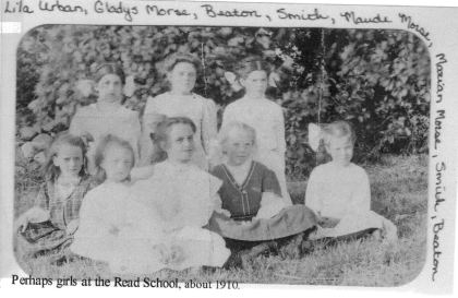 Lila Urban, Gladys Morse, Beaton, Smith, Maude Morse, Marian Morse, Smith, Beaton. Perhaps girls at the Read School, about 1910.