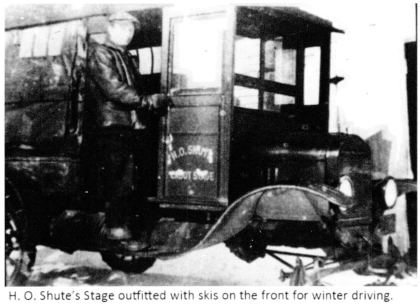 H. O. Shute's Stage outfitted with skis on the front for winter driving.