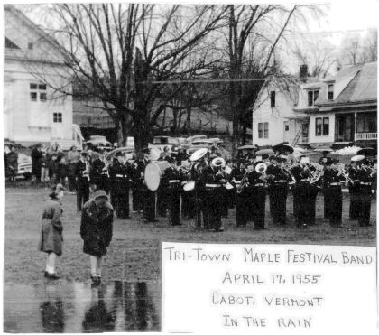 Tri-Town Maple Festival Band, April 17, 1955, Cabot, Vermont, in the rain.
