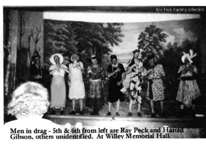 Men in drag - 5th & 6th from left are Ray Peck and Harold Gibson, others unidentified. At Willey Memorial Hall. (Ann Peck Harding collection.)