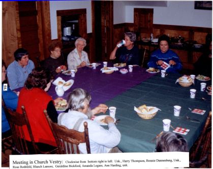 Meeting in Church Vestry: clockwise from bottom right to left: Unk., Harry Thompson, Bonnie Dannenberg, Unk., Rose Bothfeld, Blanch Lamore, Geraldine Bickford,…