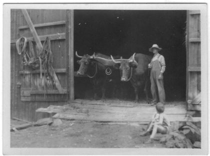 The team coming out of the barn with George; young visitor watching.
