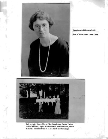 Citizens of Cabot, Book 2, Page 1: Group of Women, M.E. Parsonage: Grace Morse Pike, Cora Lance, Emma Tucker, Nellie Williams, Agnes Warren Marsh, May Ormsbee, Grace Kimball; Smith, Philomena