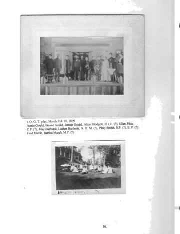 Citizens of Cabot, Book 2, Page 10: Group of unidentified women, Lamson House on Elm St.; I. O.G. T. play, 1899: Annie Gould, Bessie Gould, Alice Blodgett, H. I. V. (?), Ellen Pike, May and Luther Burbank, N. H. M., Pliny Smith, Fred and Bertha Marsh, etc.