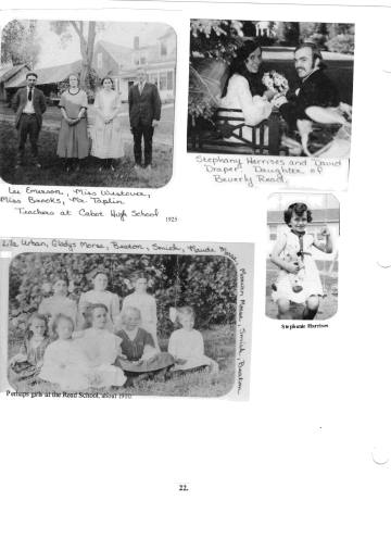 Citizens of Cabot, Book 2, Page 22: Brooks, Miss (teacher), 1925; Emerson, Lee; Read School girls (?) Maude Morse, Marian Morse, (?) Smith, (?) Beaton; Read family and Harrises family; Taplin, Mr. (school principal), 1925; Westover, Miss (teacher), 1925