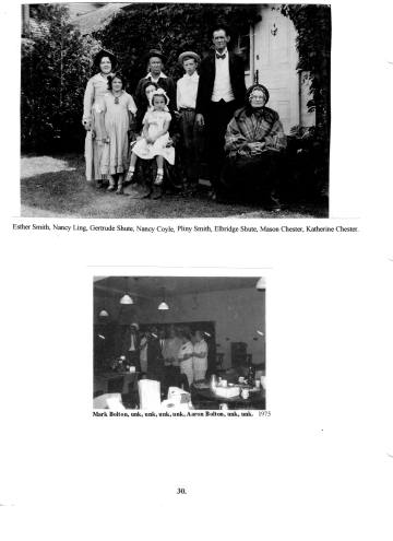 Citizens of Cabot, Book 2, Page 30: Actors: Esther Smith, Nancy Ling, Gertrude Shute, Nancy Coyle, Pliny Smith, Elbridge Shute, Mason Chester, Katherine Chester; Alumni group, 1975: Mark and Aaron Bolton and others unidentified