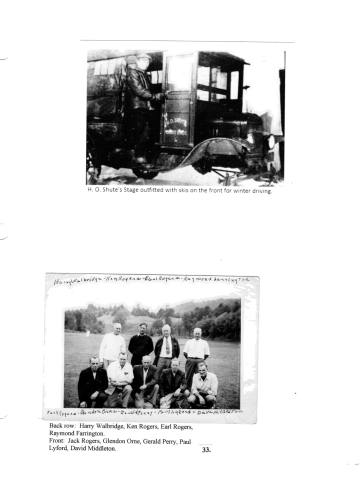 Citizens of Cabot, Book 2, Page 33: Baseball buddies: Harry Walbridge, Ken Rogers, Earl Rogers, Raymond Farrington, Jack Rogers, Glendon Orne, Gerald Perry, Paul Lyford, Dave Middleton, 1940s; Molly's Pond stereoptic; Shute, H. O. stage in winter w/skis