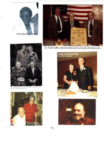Citizens of Cabot, Book 2, Page 77: Foster, Harry and Ida; Masons: Dr. Frank Caffin, Bob Brimblecomb, Leslie Brimblecomb; Pike, Earle and Addie, anniversary; Pike, Phil; Smith, Velma and son, Montgomery w/grandparents; Stone, Freda (Maynard); Urban, Arecca and Bernard, w/dau. Velma and grandson, Monty