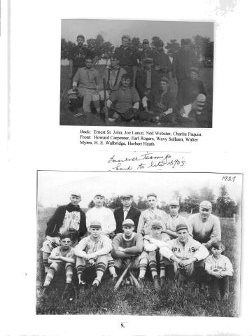 Citizens of Cabot, Book 2, Page 9: Baseball team, 1927 unidentified.; Baseball team: Ernest St. John, Joe Lance, Ned Webster, Charlie Paquin, Howard Carpenter, Earl Rogers, Wavy Sulham, Walter Myers, H. E. Walbridge, Herbert Heath