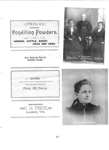 Citizens of Cabot, Book 2, Page 97: Peck "Condition Powders" for animals; Voodry, Florence (Wakefield); Wakefield sisters, Florence Voodry, Luella Peck and Viola Whitcher